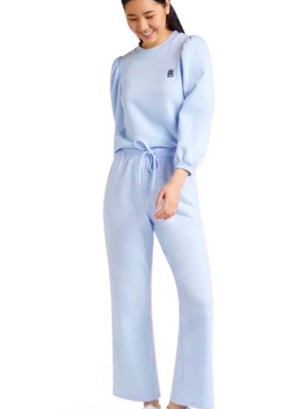 HILL HOUSE Set Teddy Blue Cotton Puff Sleeve Sweatshirt Top & Lounge Pants XS